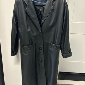 Long Black Leather Trench Coat